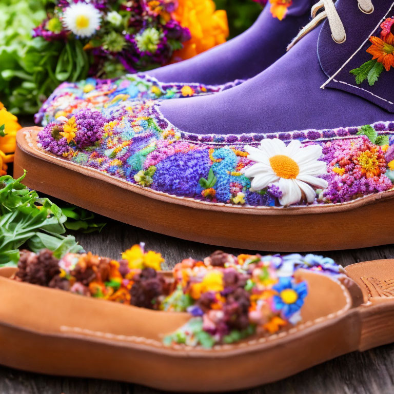 Purple Shoes with Floral Soles on Wooden Surface surrounded by Greens