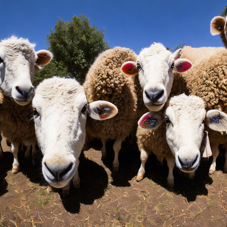 Fluffy wool sheep with ear tags under blue sky