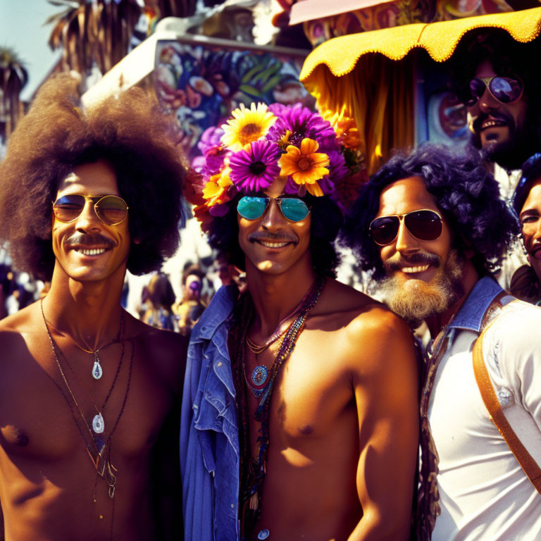 Smiling people in retro attire with colorful outfits and large afros