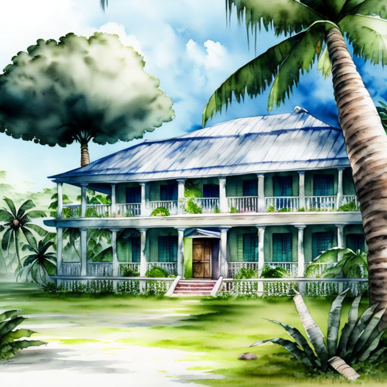 Plantation-style house watercolor illustration with balcony in lush greenery.