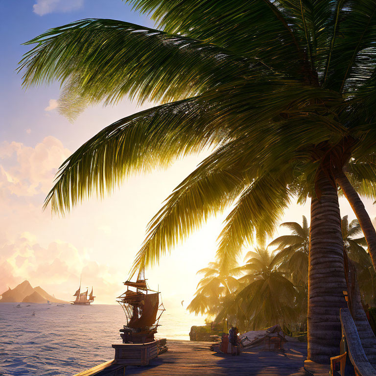 Tranquil tropical sunset scene with palm trees and sailing ships.