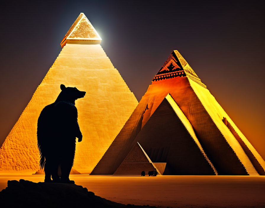 Bear silhouette in front of illuminated pyramids under orange sky