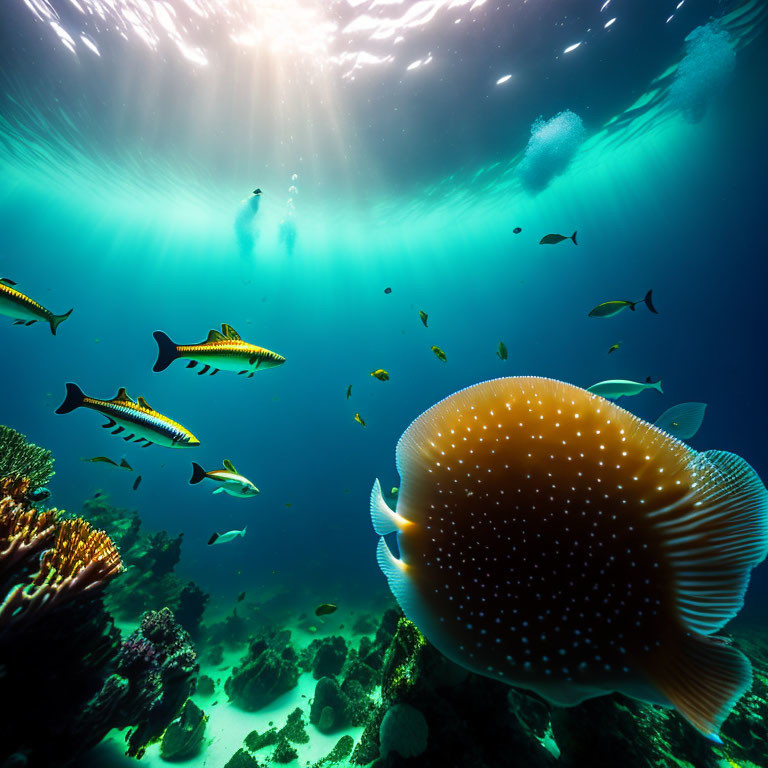 Colorful Underwater Scene with Sunbeams, Fish, and Coral Reefs