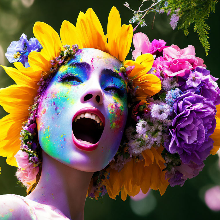 Colorful floral makeup and sunflower headpiece on person surrounded by purple and pink flowers.