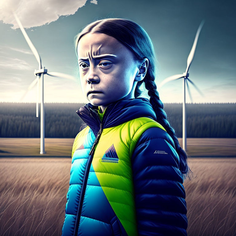 Girl with braided hair in blue and green jacket against wind turbines and twilight sky