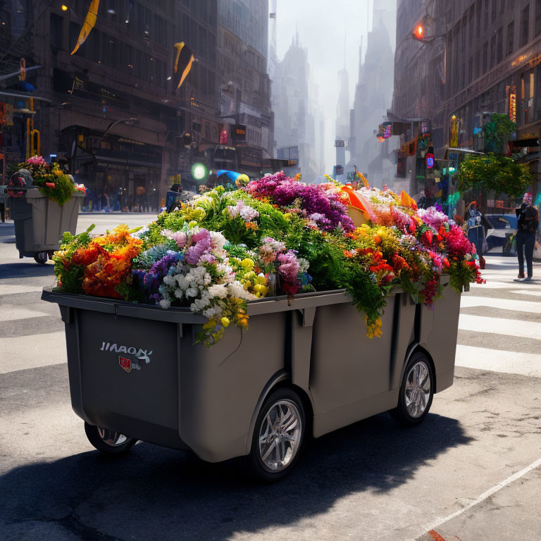 Vibrant multicolored flowers in large urban street bin