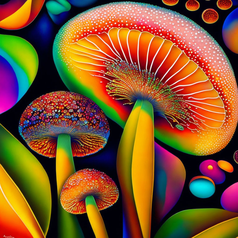 Colorful Stylized Mushroom and Plant Painting with Neon Colors