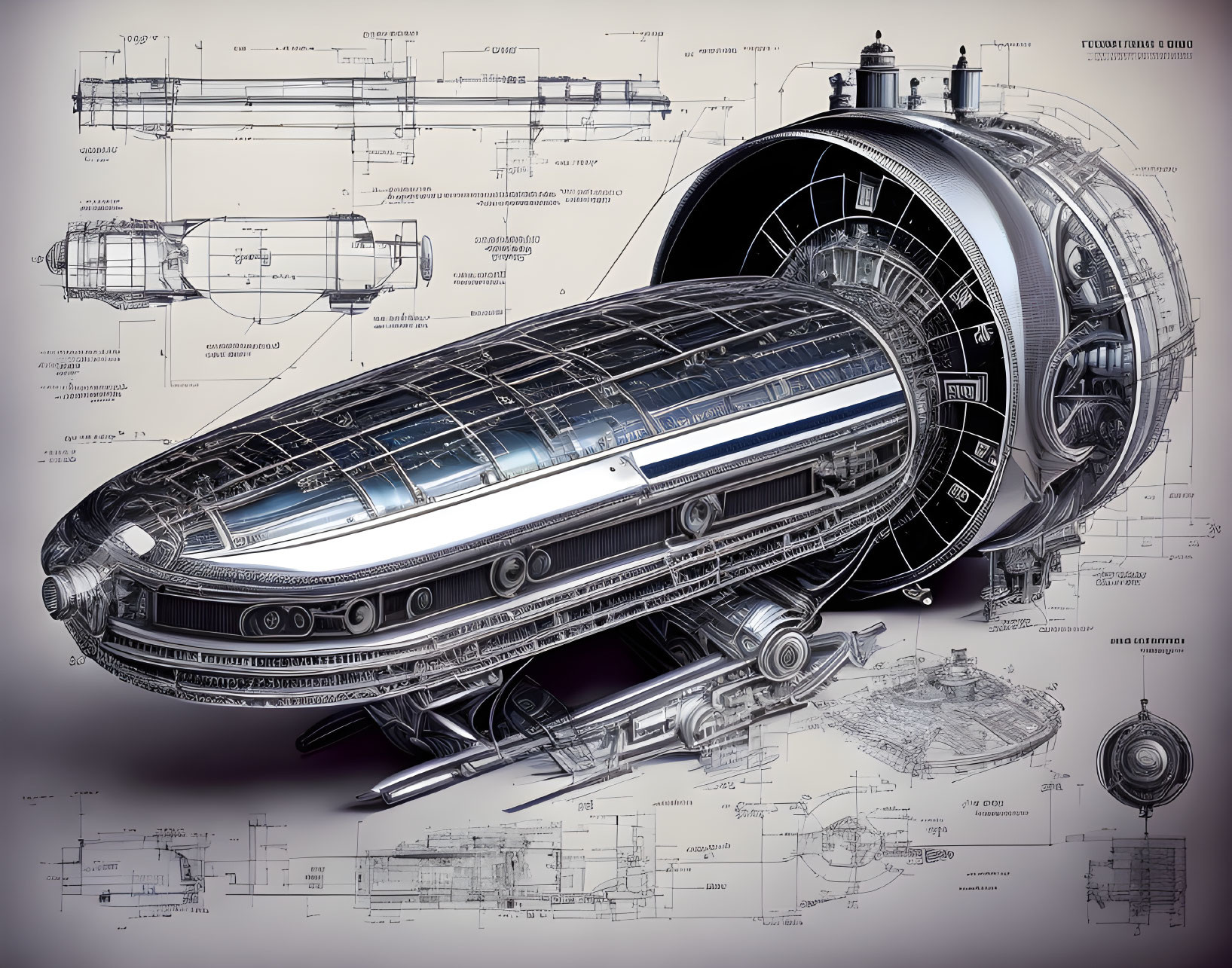 Detailed Cutaway Illustration of Futuristic Train Design and Engineering Blueprints