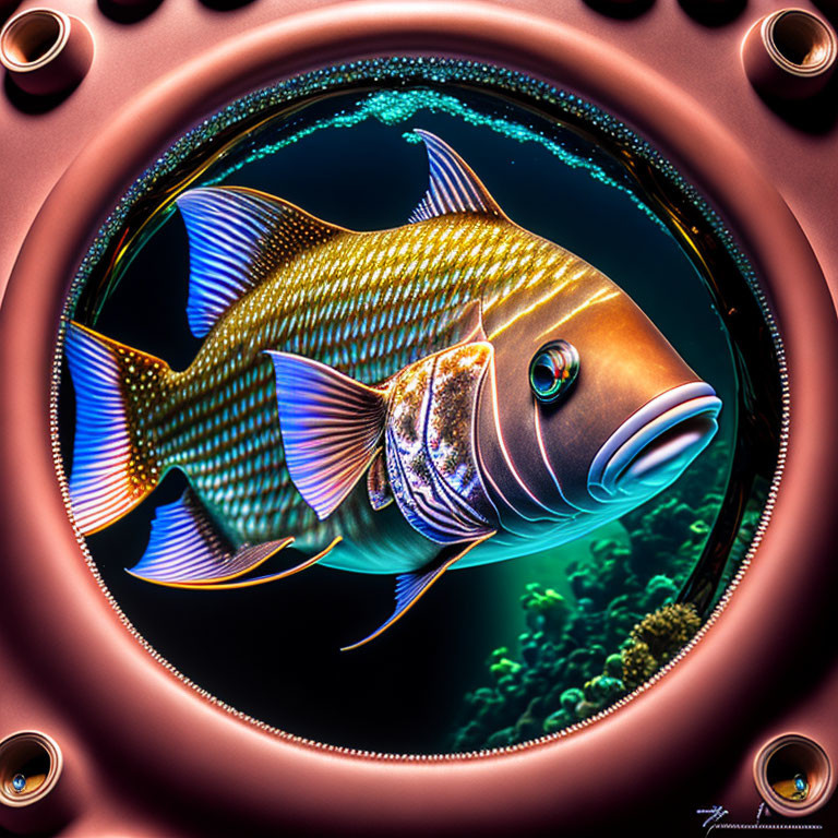 Colorful Fish Swimming Through Circular Porthole in Blue Water