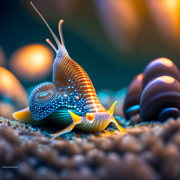 Colorful Snail with Patterned Shell on Textured Surface and Soft-Focused Background