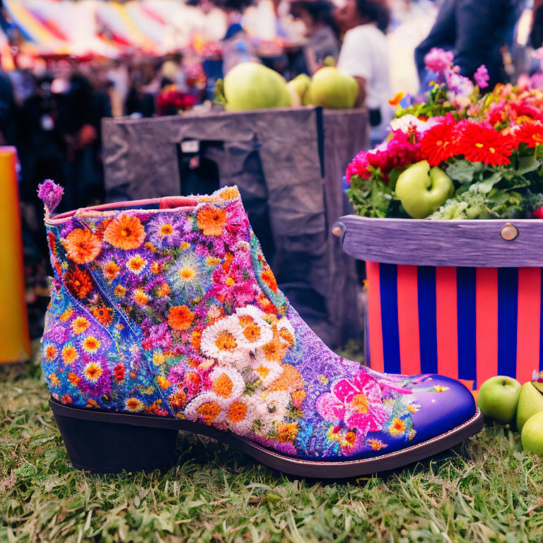 Colorful Floral-Patterned Boot in Market Setting