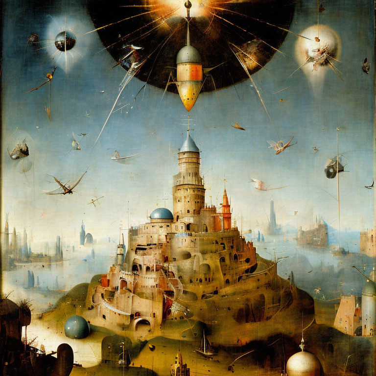 Surreal painting of Tower of Babel with celestial orbs and mechanical structures