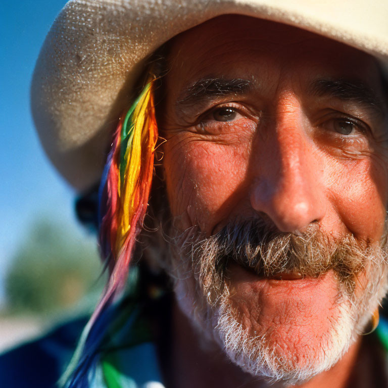 Smiling man with mustache in colorful feathered hat against blue sky