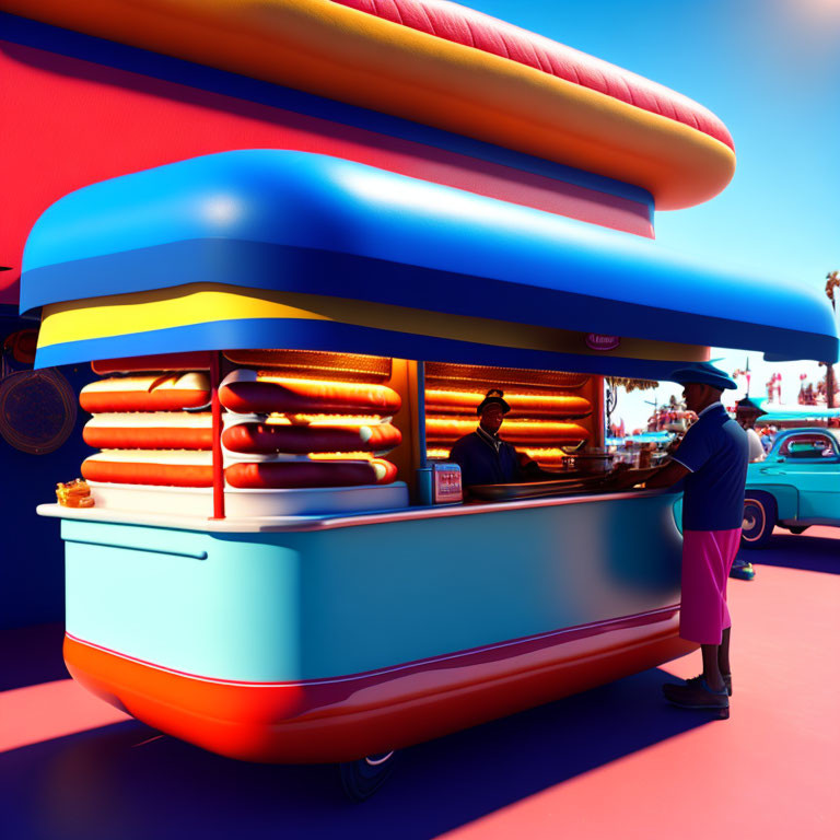 Retro-style hot dog stand with customer and vendor under blue sky