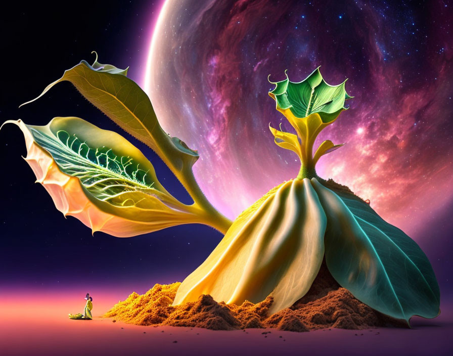 Gigantic blooming flower with wing-like leaves in cosmic setting.