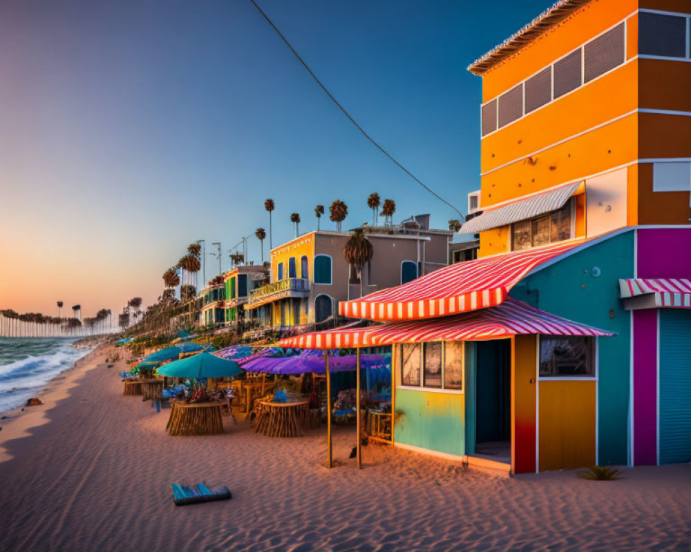 Vibrant beachfront buildings with striped awnings, palm trees, and serene ocean view.