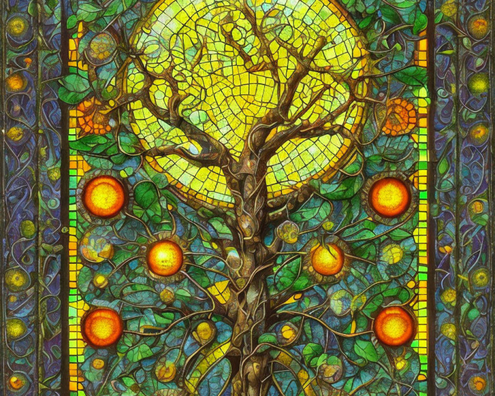 Vibrant tree with golden fruits in stained glass window