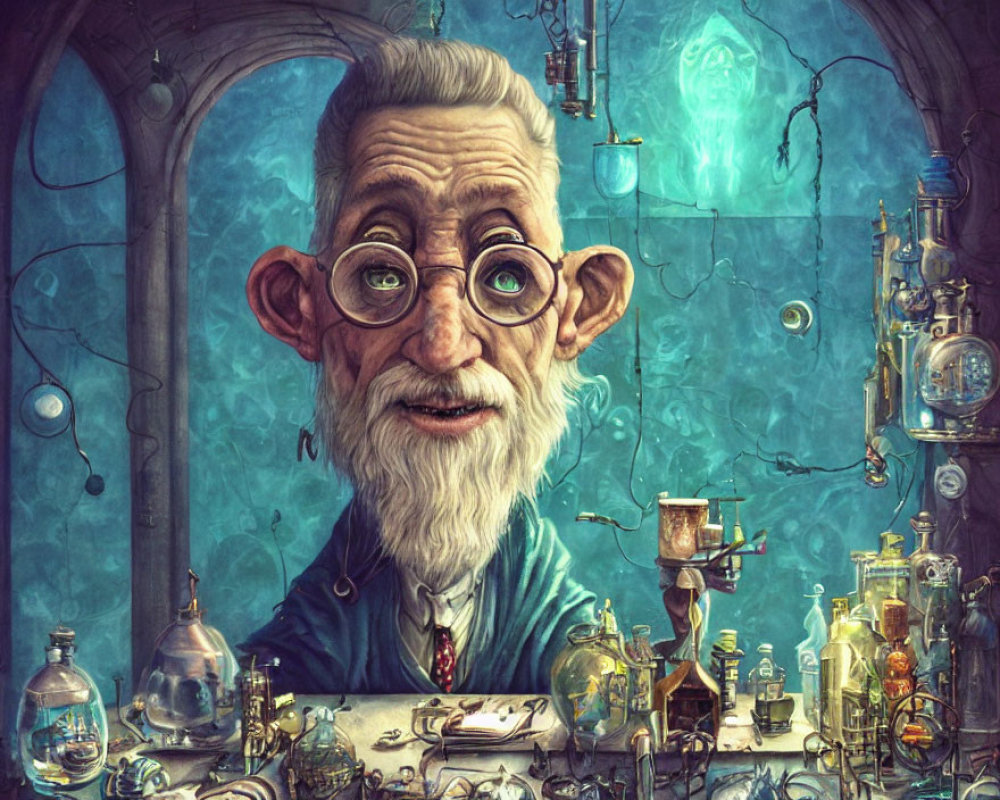 Elderly man in cluttered alchemist's lab with magical elements