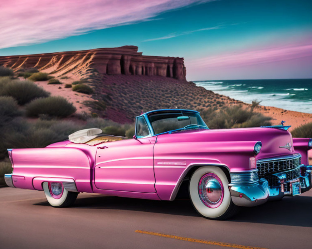 Pink Classic Convertible Car on Coastal Road at Sunset with Rock Formations & Purple-Pink Sky