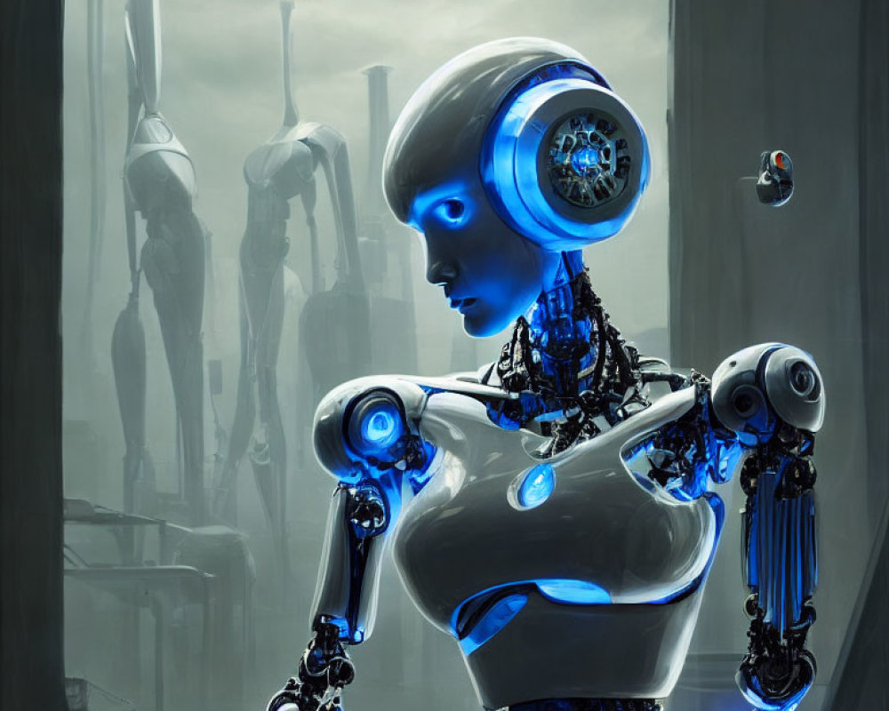 Blue humanoid robot with intricate mechanical details in futuristic room.