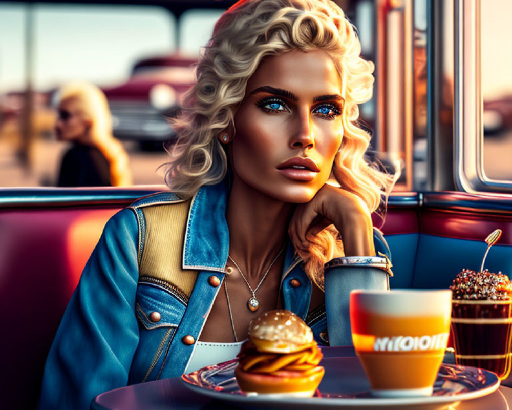 Stylish woman at diner booth with coffee cup and burger in warm retro ambiance