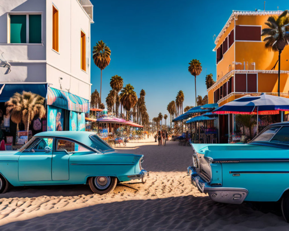 Tropical beach scene with classic cars, palm-lined boardwalk, colorful buildings