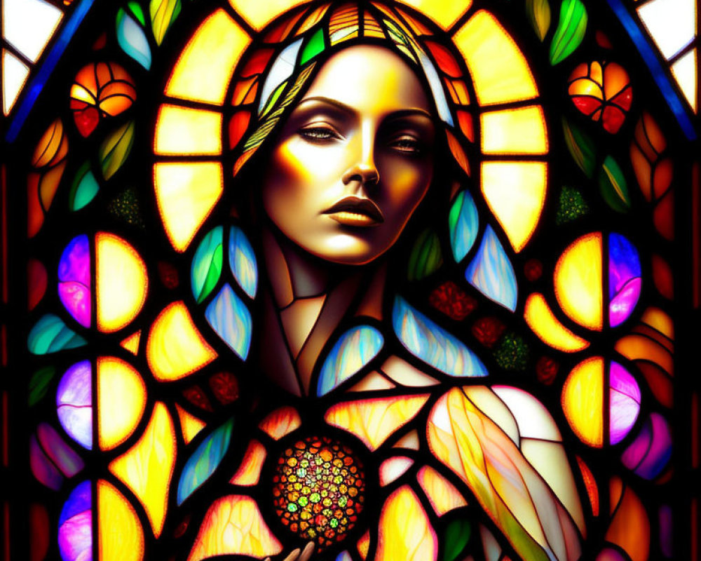 Colorful Stained Glass Artwork of Woman's Face with Intricate Motif