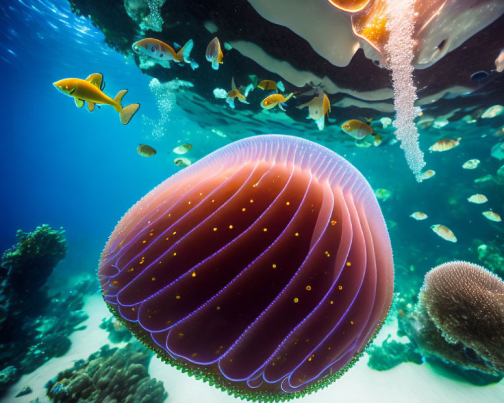 Colorful jellyfish, fish, bubbles, and coral in underwater scene.