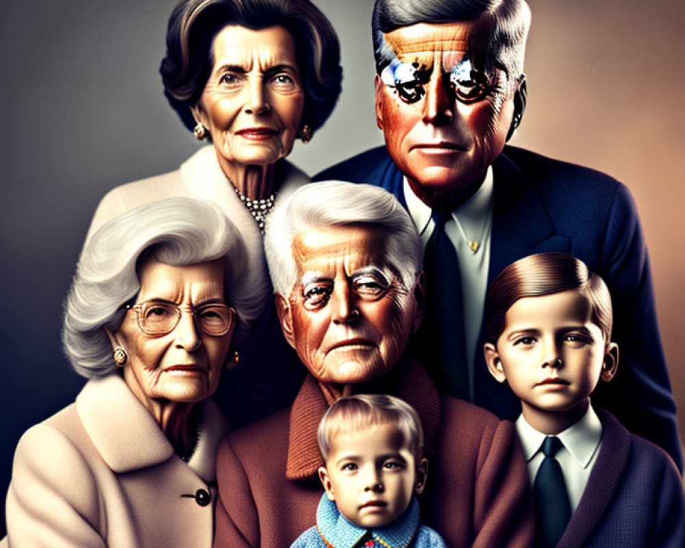 Vintage-style Family Portrait with Two Elderly Couples and Two Young Boys in Formal Attire