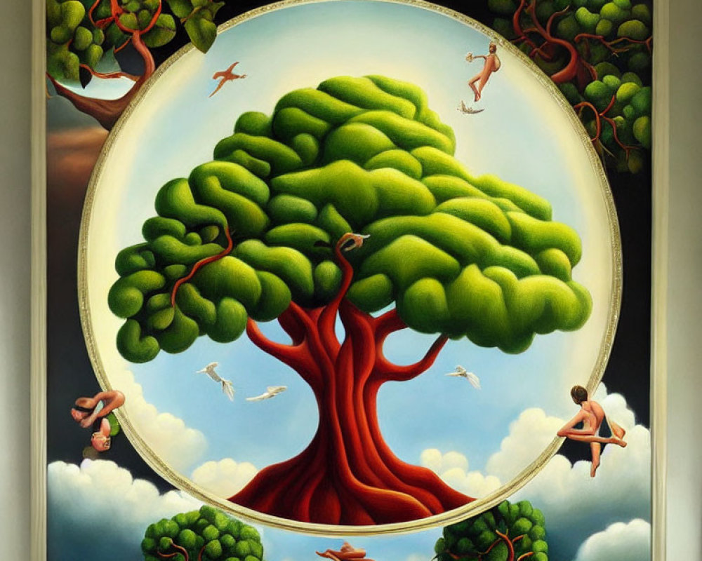 Surrealist painting with vibrant tree, human figures, and floating clouds