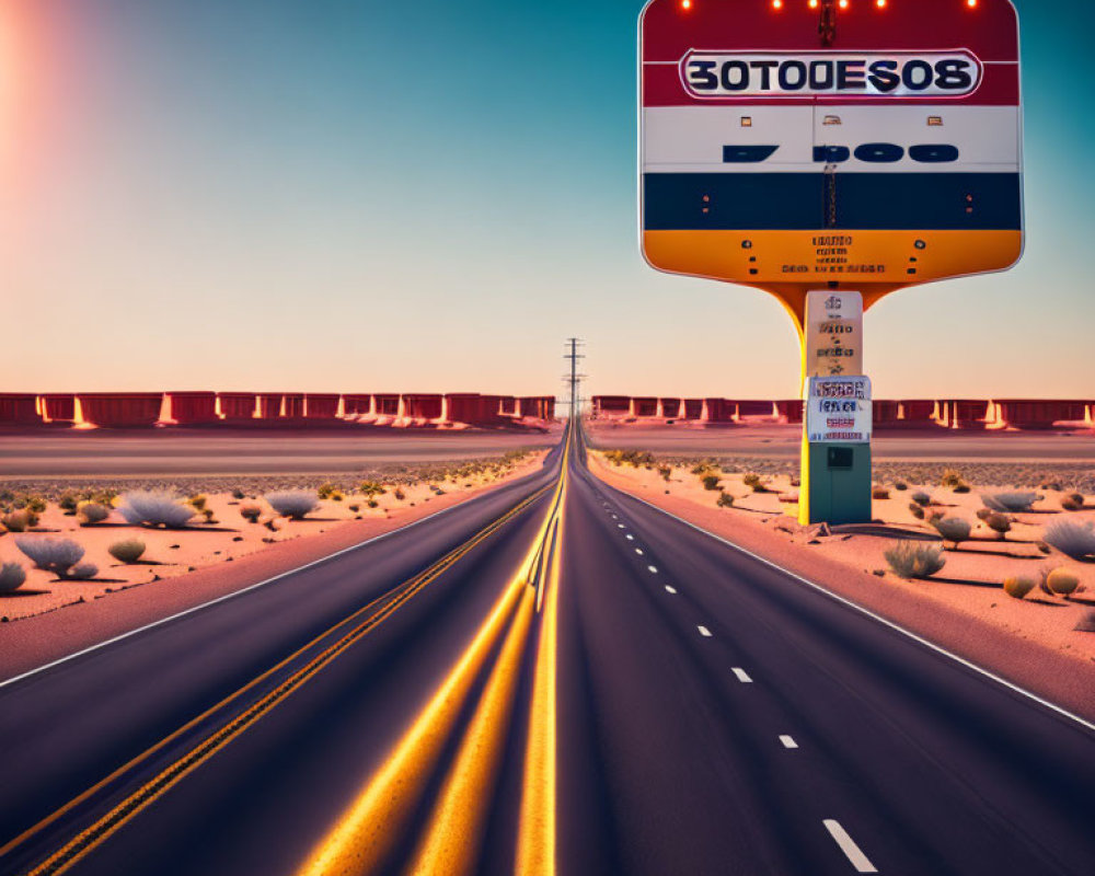 Long desert road with upside-down street sign under sunset sky