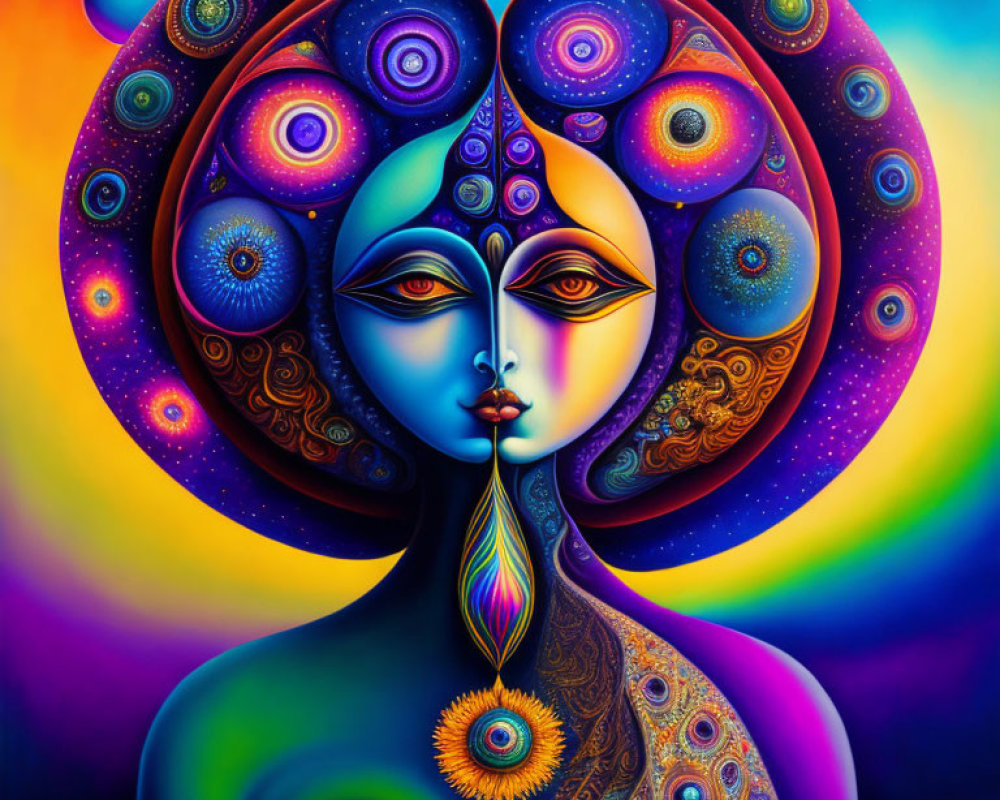 Dual-faced figure with intricate patterns in vibrant, psychedelic art