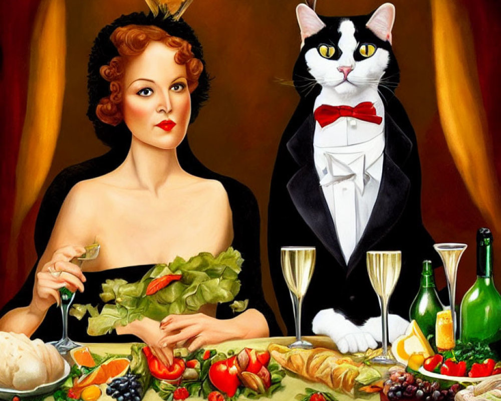 Illustrated woman dining with large cat in tuxedo among elegant food & drink