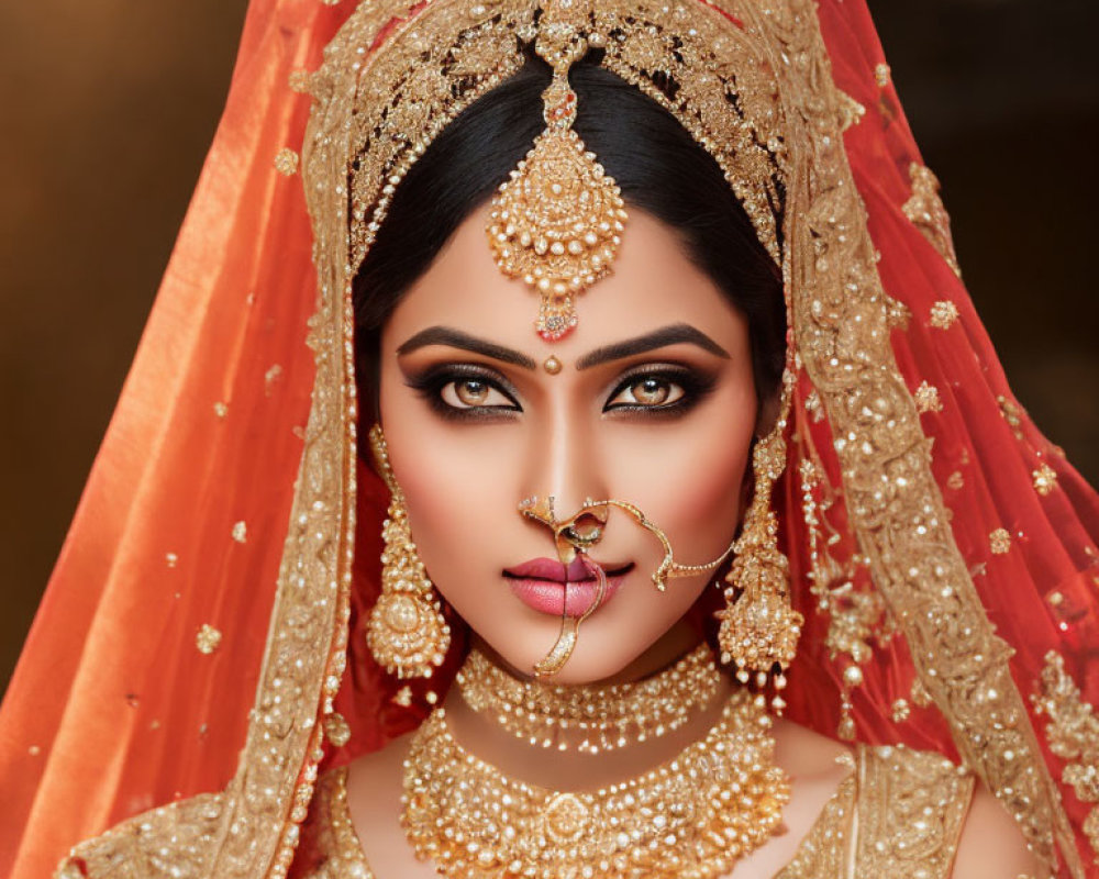 Elaborate traditional bridal attire with red veil and gold jewelry