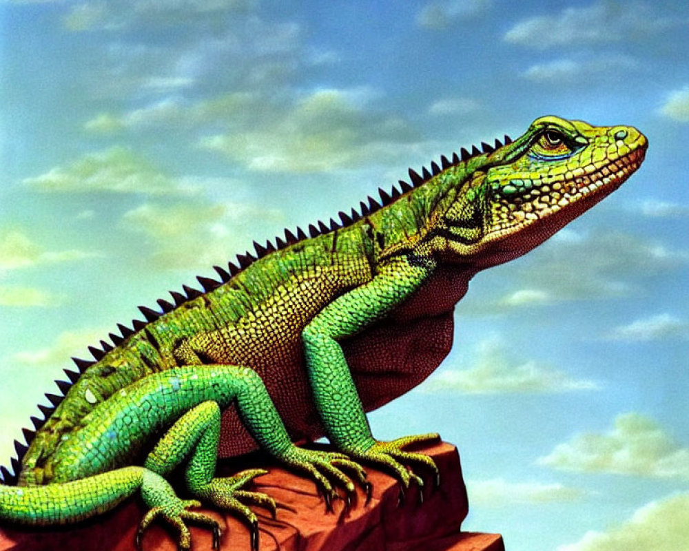 Colorful green iguana sunbathing on rocky outcrop under blue sky