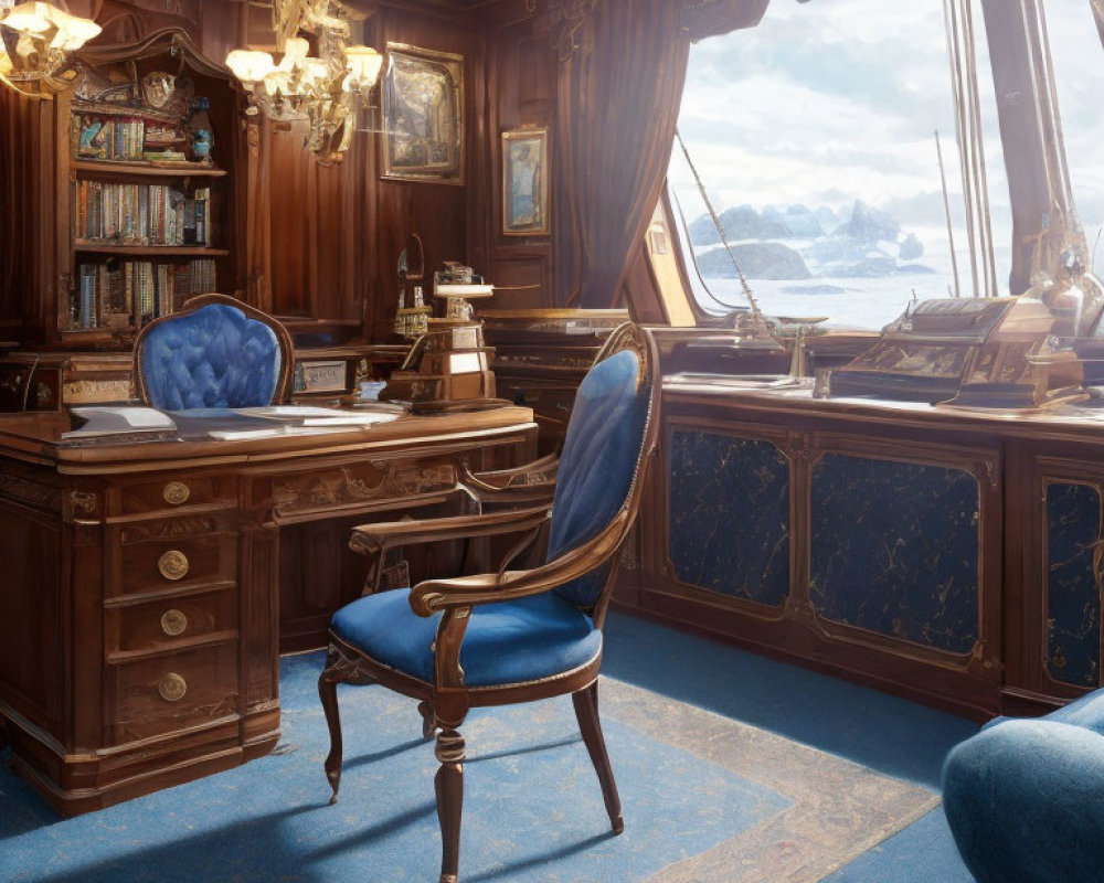 Wooden office with desk, chair, ornate decorations, and snowy mountain view