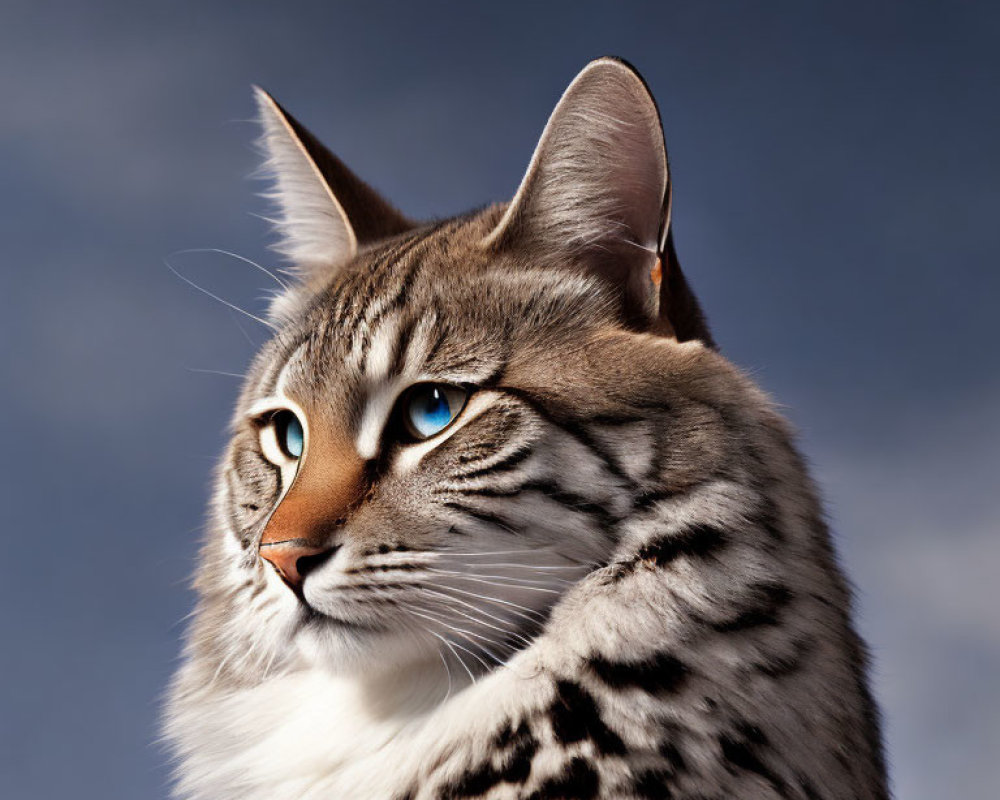 Tabby Cat Portrait with Striking Blue Eyes and Spotted Fur