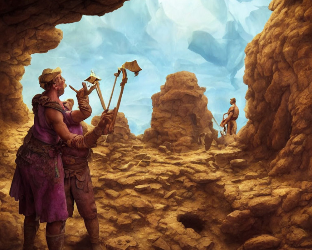 Person in Purple Clothes Holding Flag Inside Cave Watching Figure Scaling Rock Formation under Blue Sky