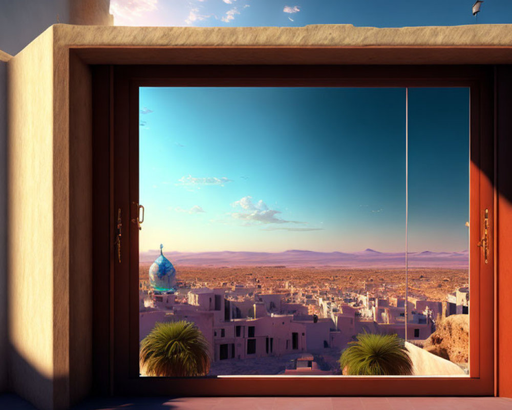 Panoramic desert cityscape view from open terrace door