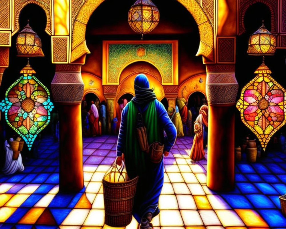 Colorful Market Scene with Person in Blue Cloak and Stained Glass Lanterns