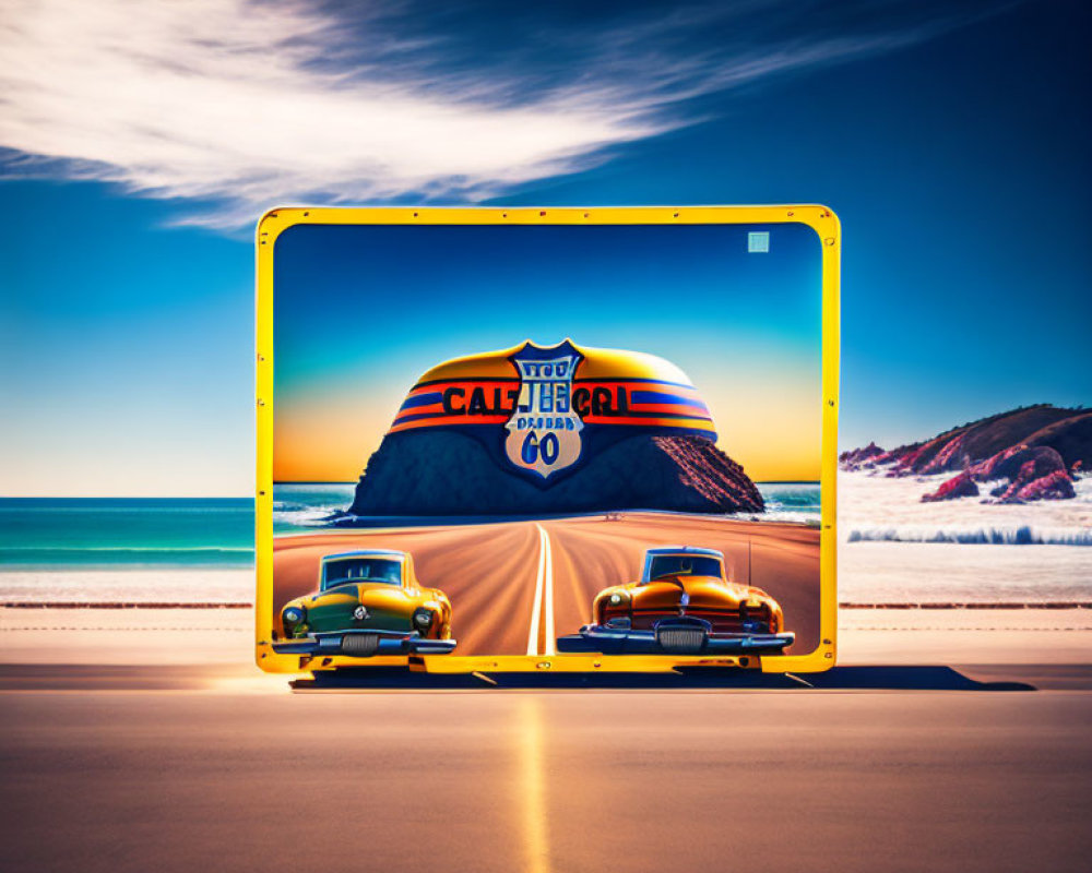 Vintage cars racing on beach road displayed on digital tablet