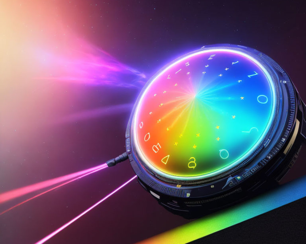 Vibrant rainbow gradient digital watch face with starry background and purple light beam