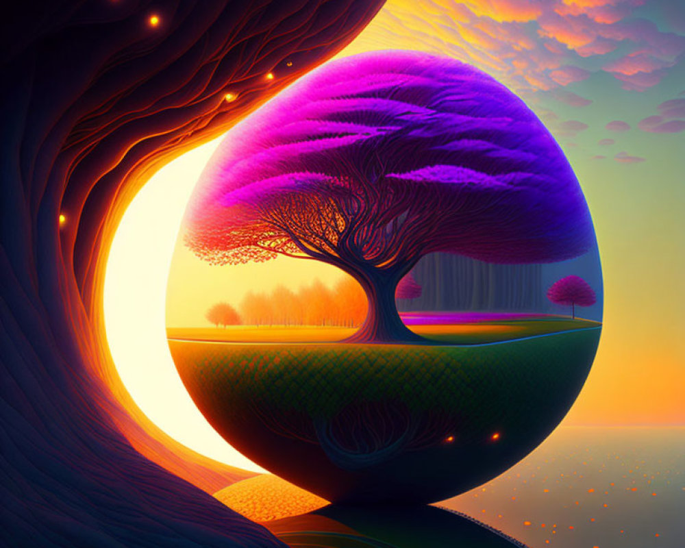 Colorful digital artwork: surreal landscape, purple tree, reflective orb, sunset, luminous details