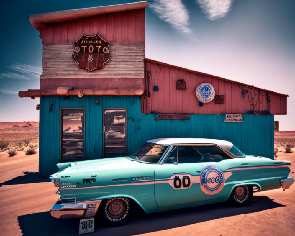 Vintage Turquoise Car Parked in Front of Rustic Building in Desert Setting