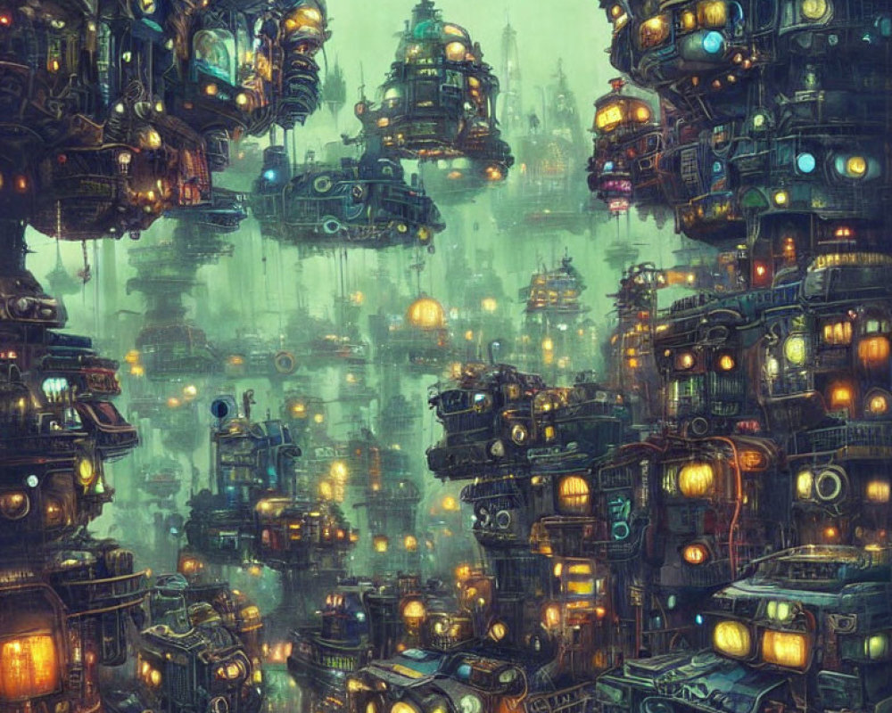 Futuristic cityscape with floating buildings and misty ambiance