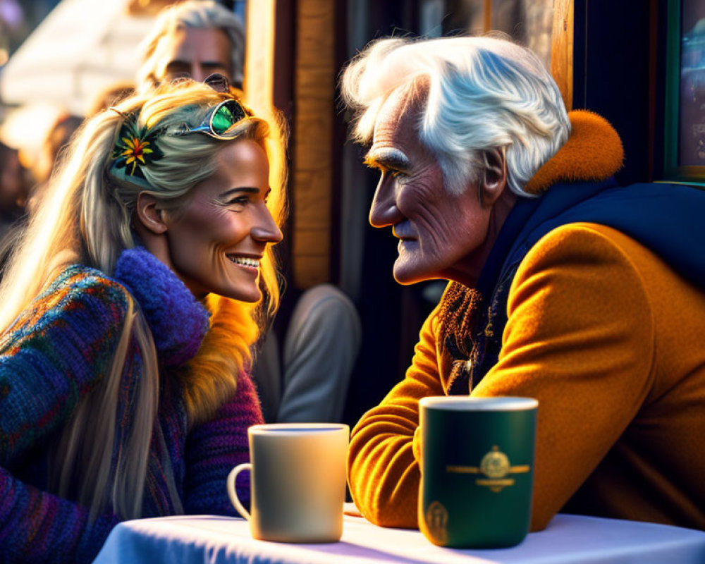 Young woman and older man enjoying coffee at outdoor cafe