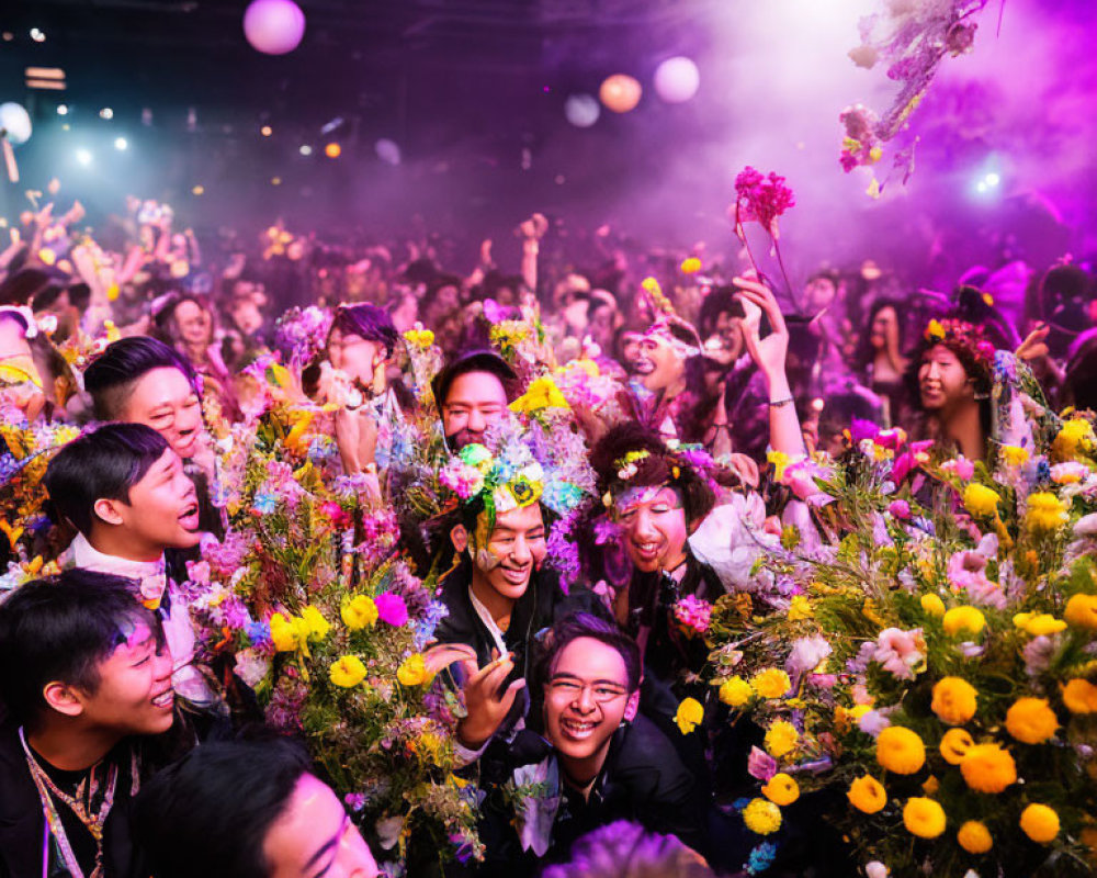 Colorful crowd at festive event with fresh flowers, exuding joy