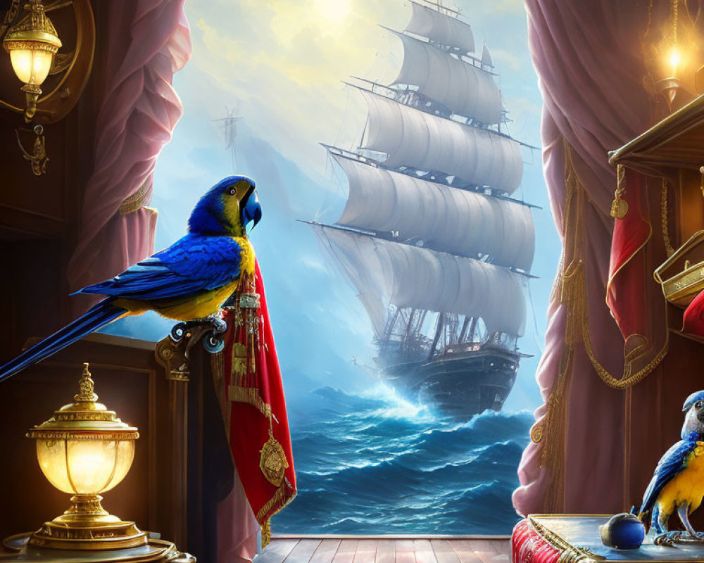 Colorful macaw in opulent room with ship on stormy sea.