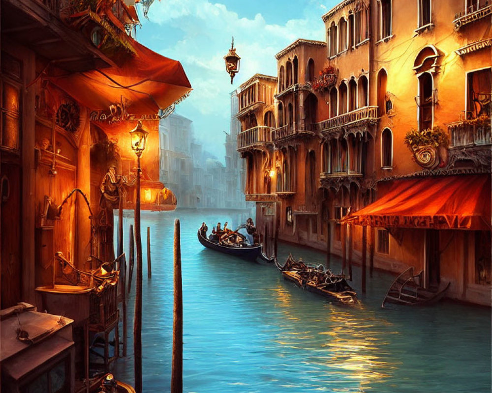 Historic buildings and gondolas on serene Venetian canal at sunset