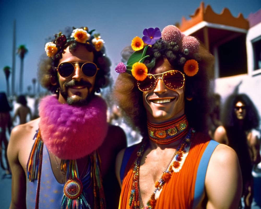 Pair of individuals in 1970s hippie attire with colorful outfits and flower accessories